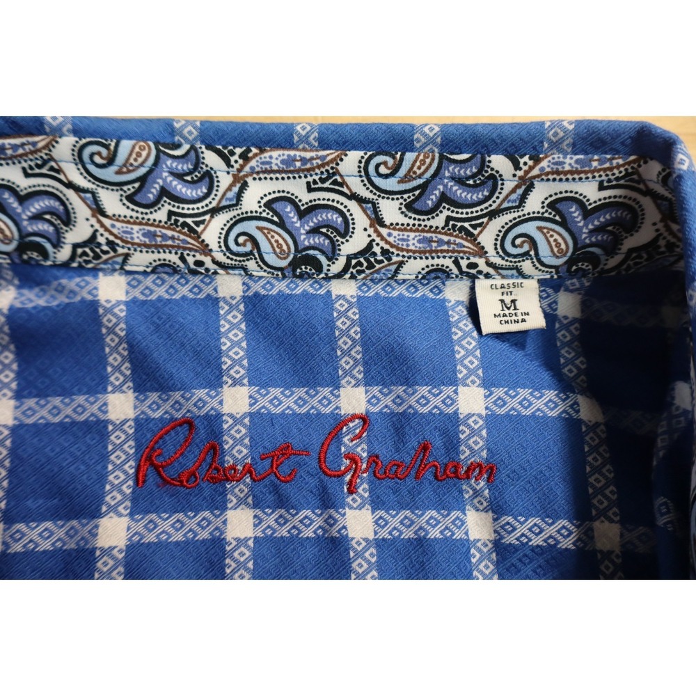 Mens Robert Graham Short Sleeve Button Front Shirt Blue White Diamond Size M - Picture 4 of 8